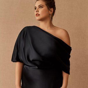 NWT Anthropologie Amsale Pryce Off-Shoulder Satin Navy Gown Size 12